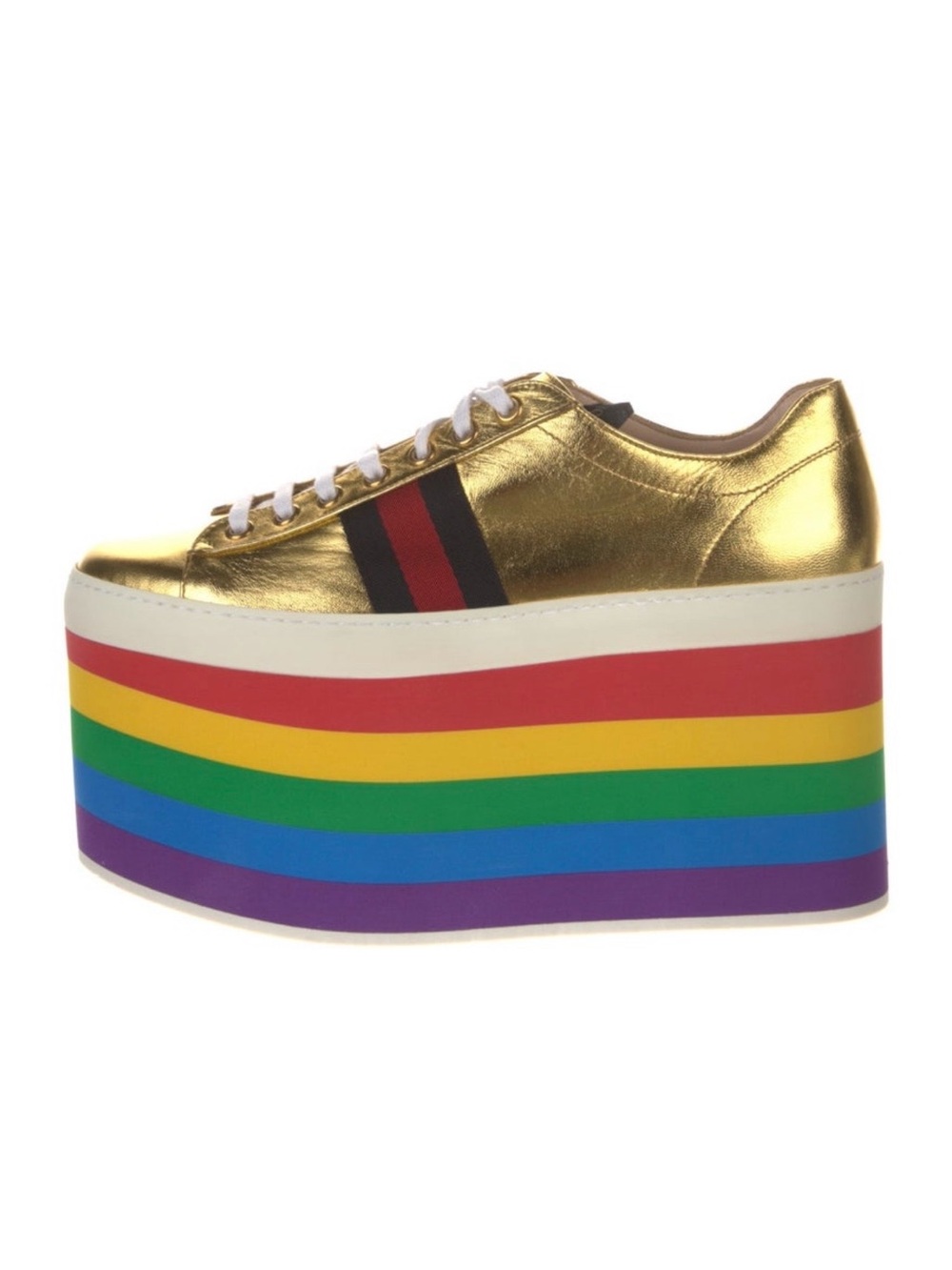NEW 38.5 Gucci Peggy Gold Metallic Platform Sneakers with Rainbow Sole